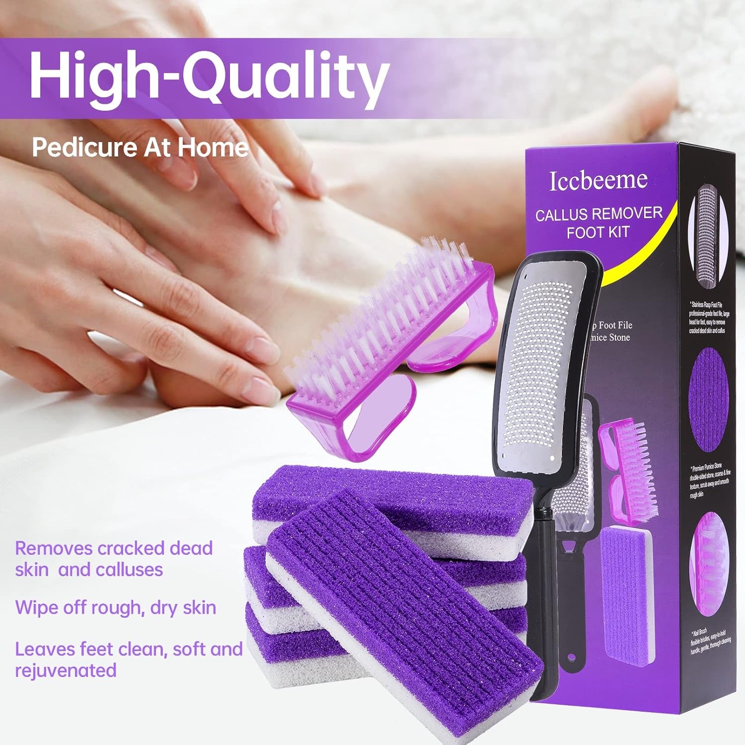 Foot Callus Remover Set,Pedicure Kit Includes 1 Stainless Foot Rasp Foot File,4 Foot Pumice Stone & 1 Nail Brush,Foot Scrubber Remove Hard Dry Skin,Foot Care Pedicure Tools for Wet and Dry Feet,Purple