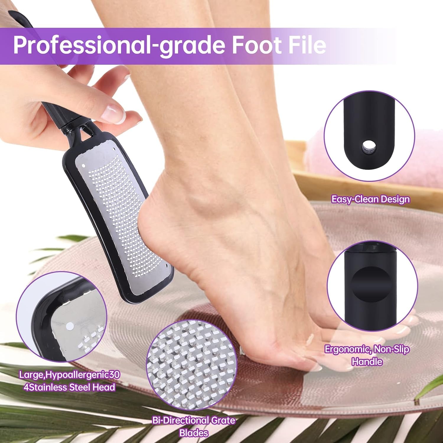 Foot Callus Remover Set,Pedicure Kit Includes 1 Stainless Foot Rasp Foot File,4 Foot Pumice Stone & 1 Nail Brush,Foot Scrubber Remove Hard Dry Skin,Foot Care Pedicure Tools for Wet and Dry Feet,Purple