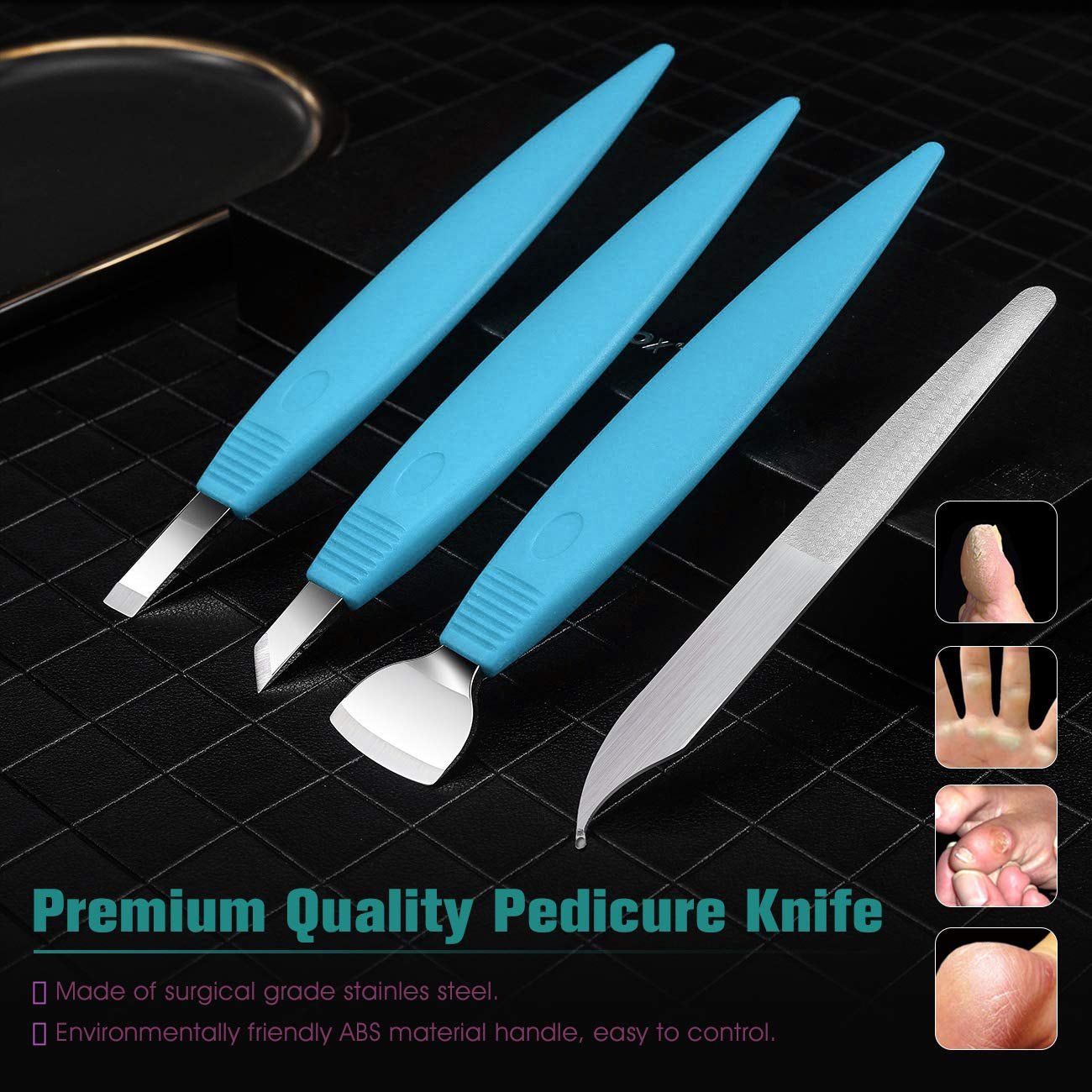 Pedicure Knife Set - Callus Shavers, Corn and Hard Thick Skin Remover Knives for Foot, Metal Nail File & Nail Lifter - Professional Pedicure Tools with Storage Box (Blue)