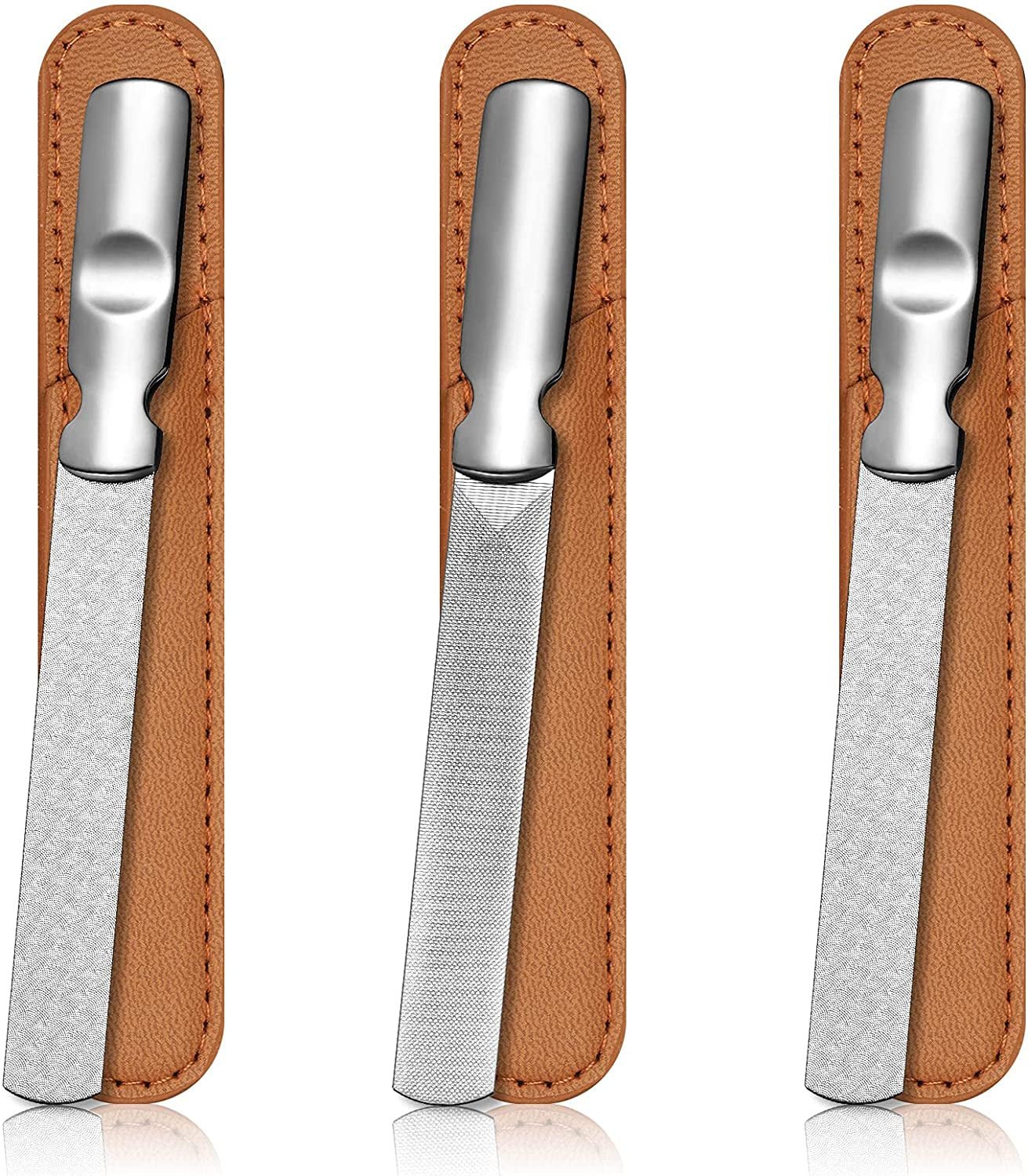 3 Pieces Stainless Steel Metal Nail File with Leather Case Heavy Duty Double Sided Nail Files Manicure Set with Leather Sheath (Brown)