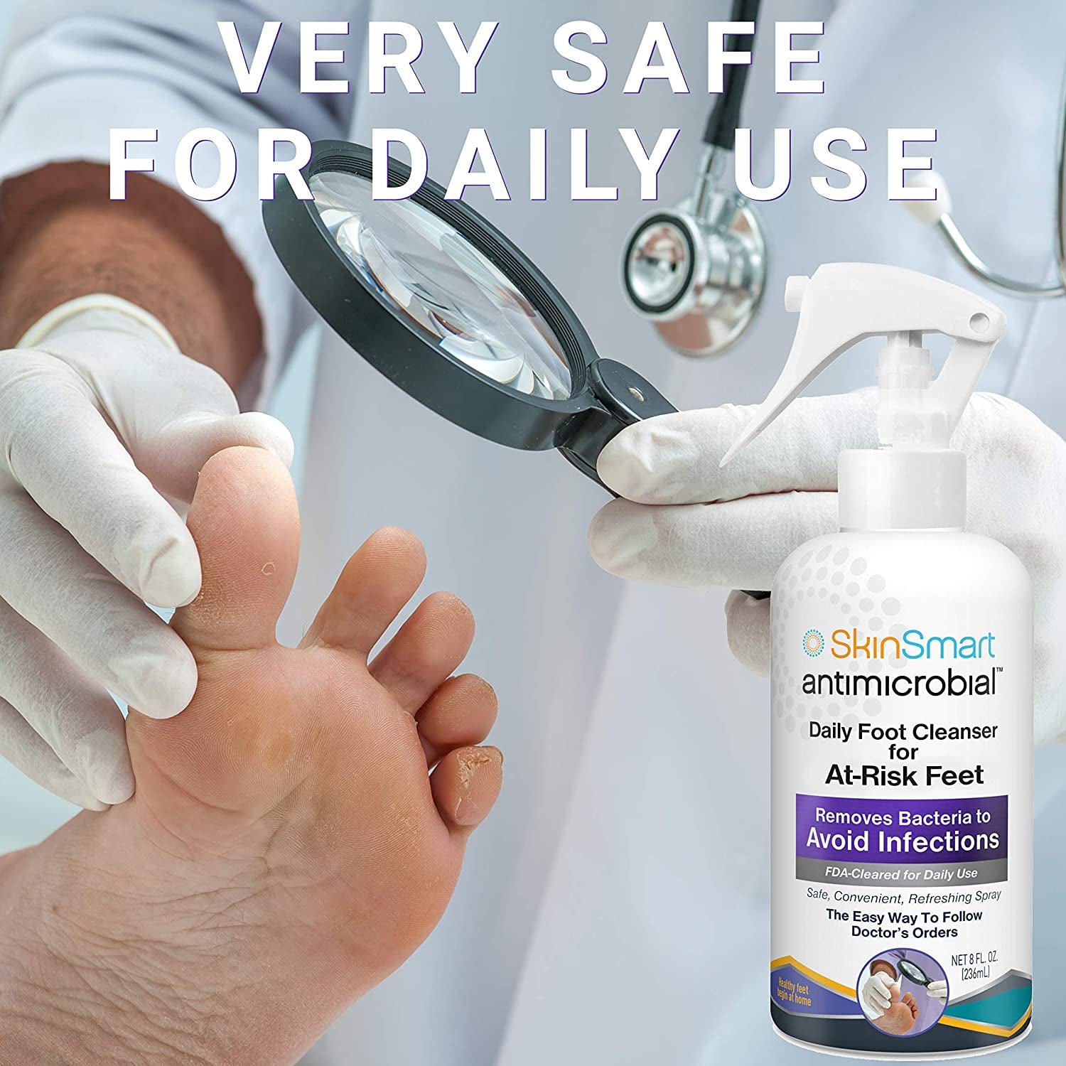 Skinsmart Daily Foot Cleanser for At-Risk Feet, Removes Bacteria to Help Avoid Infections, 8 Ounce Spray