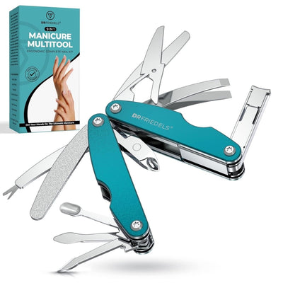Compact Manicure & Pedicure Set - 9-In-1 Foldable Nail Kit - Ideal for Travel, Hiking & EDC Multitool (Peacock Blue) - Shiny Nails