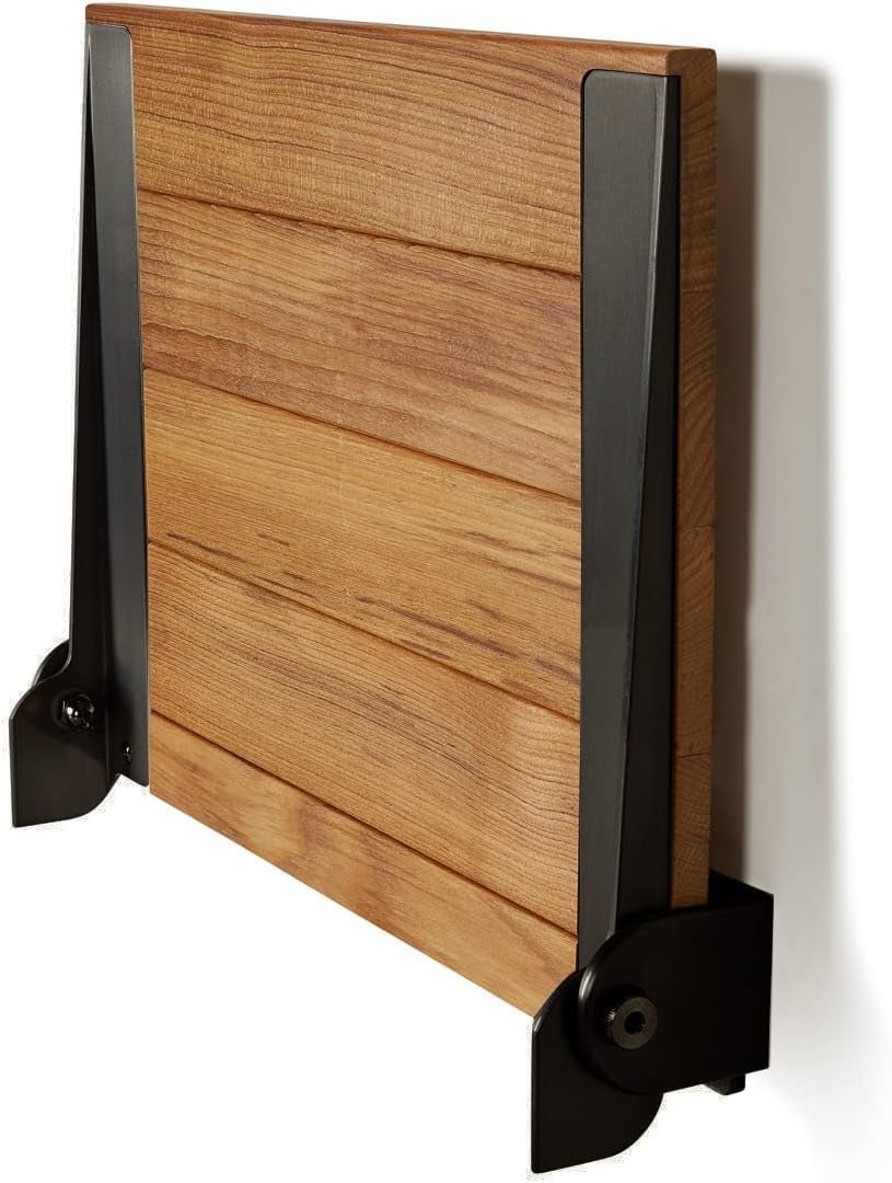 Slimline Natural Teak Wood Folding Shower Bench Seat, Matte Black Frame