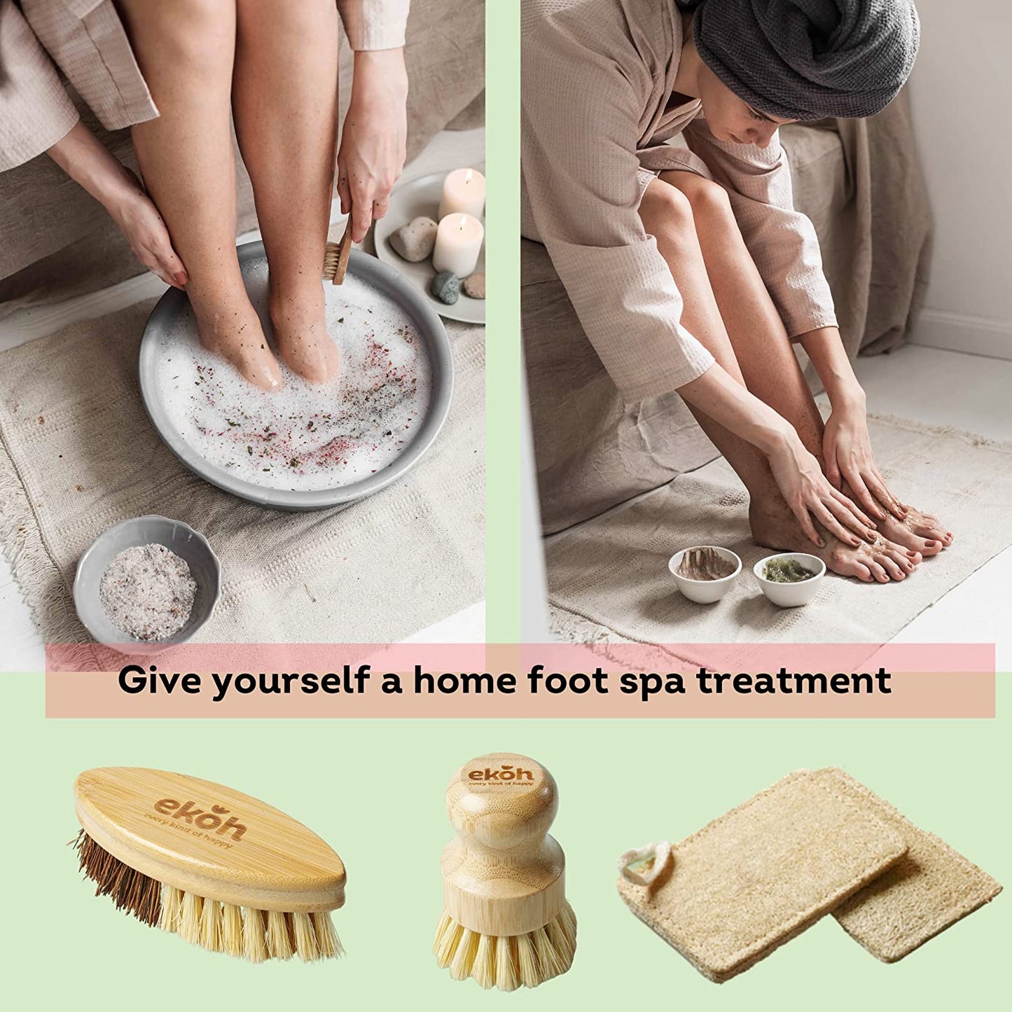 EKOH Multipurpose Bamboo Brush 6 Pack | Dry Brushing Body Brush Natural Soft Bristles, Nail & Feet Scrubber + 2 Natural Loofah Sponges | Bottle Brush & Dish Brush for Home, Shower & Bath