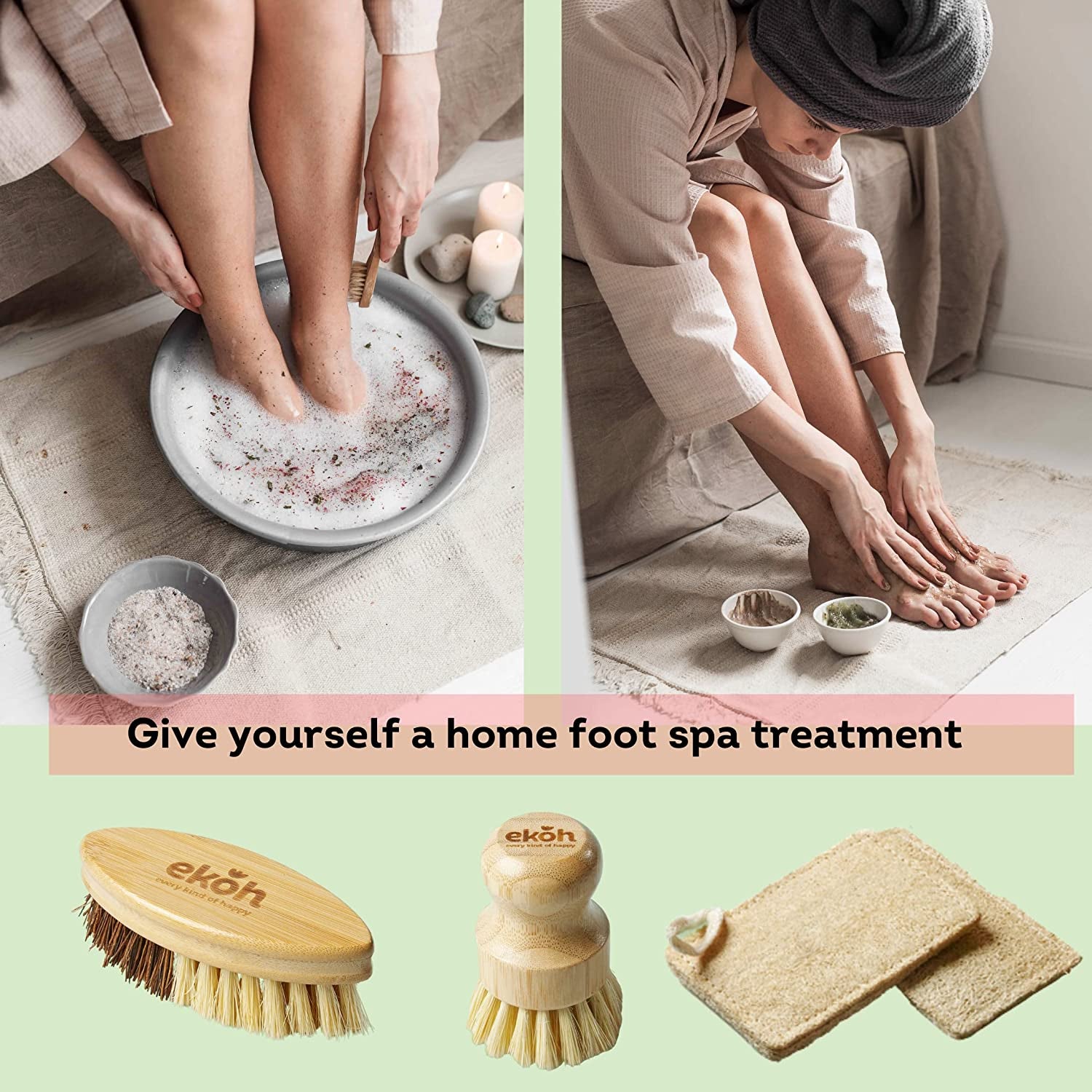 EKOH Multipurpose Bamboo Brush 6 Pack | Dry Brushing Body Brush Natural Soft Bristles, Nail & Feet Scrubber + 2 Natural Loofah Sponges | Bottle Brush & Dish Brush for Home, Shower & Bath
