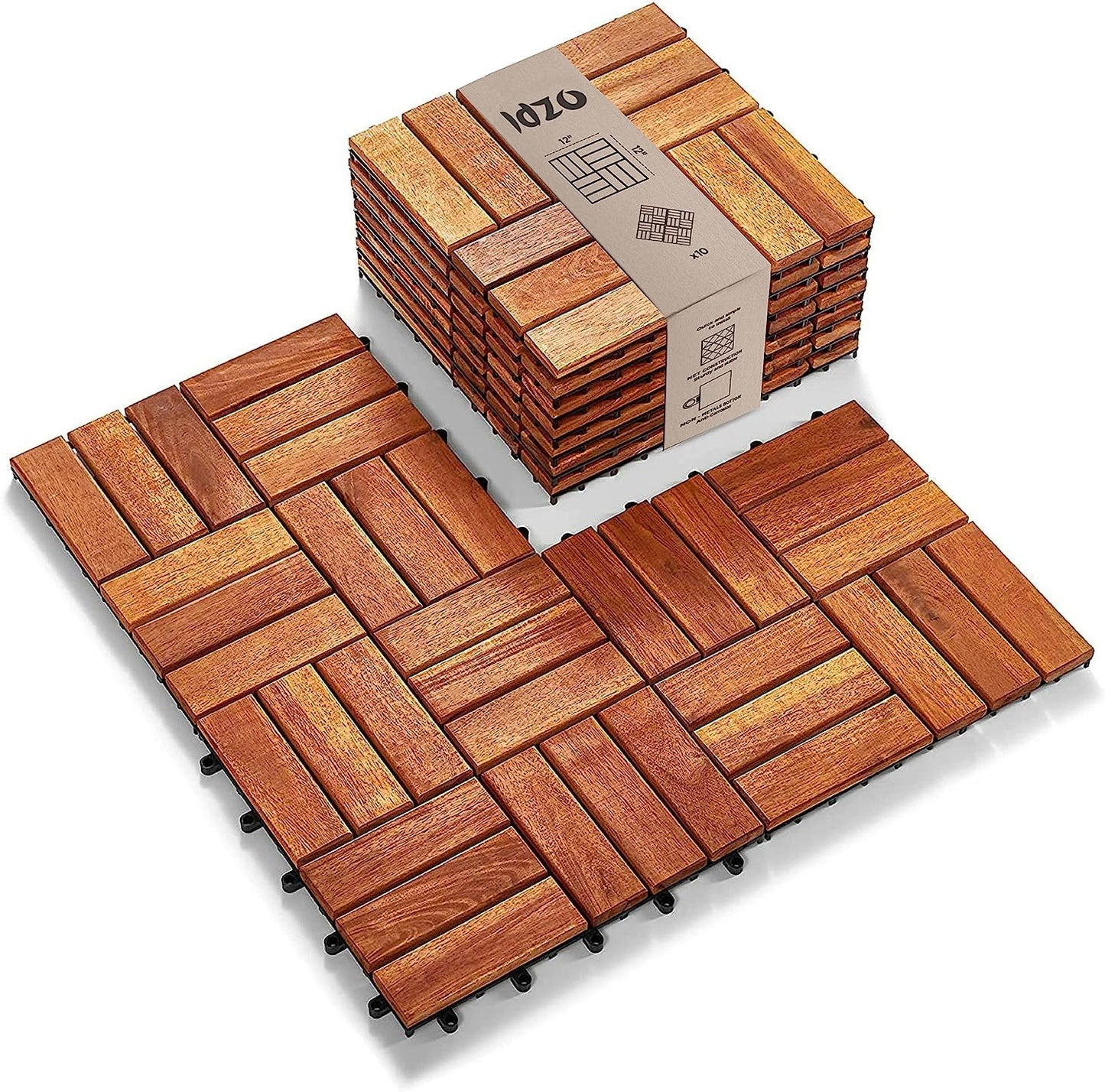 Interlocking Deck Tiles - Waterproof Acacia Wood for Flooring, Both Indoor and Outdoor - 12 Slats, Golden Teak, 12 X 12 X 0.9 Inches (J06P), Pack of 10