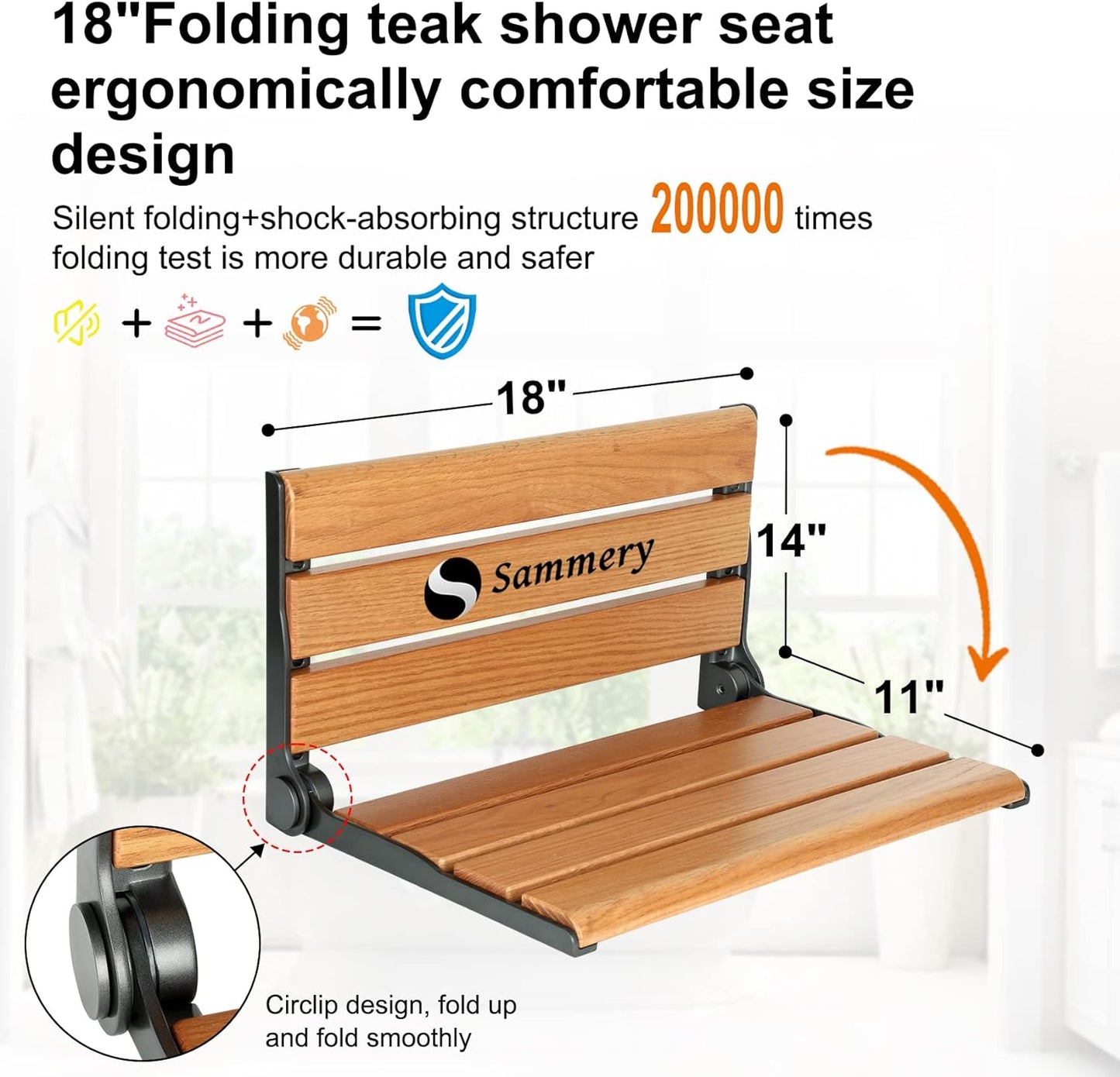 18" Teak Folding Shower Seat Wall Mounted,Fold down Shower Bench for Small Shower Space, Home Care Teak Wood Stool for inside Shower,Pregnants-Maximum Load 380Lb[European Teak] (18"-Black)