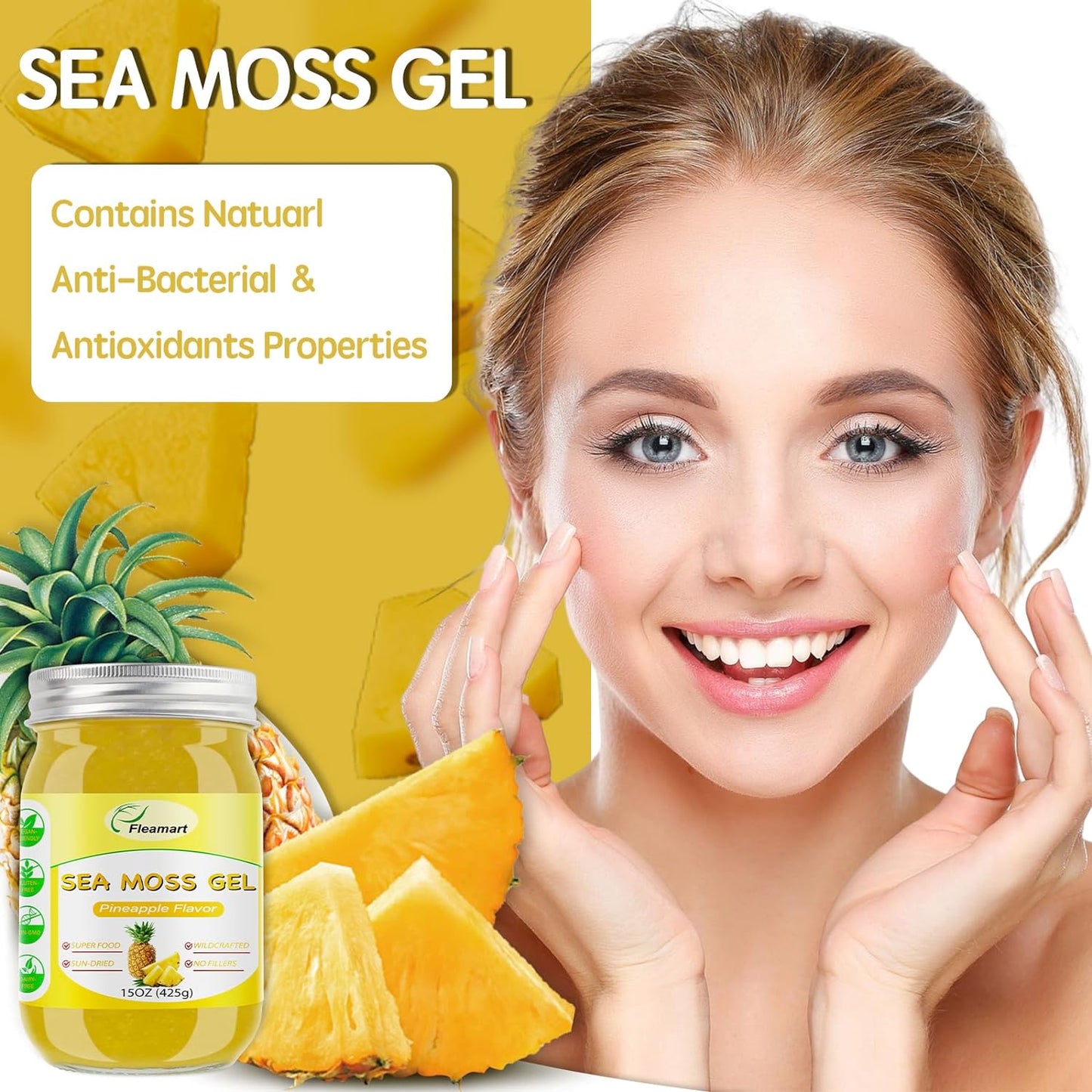 15OZ Sea Moss Gel Organic Raw Irish Seamoss Gel Wildcrafted Sea Moss Gel Vegan Superfood Support Vitamins Mineral, Pineapple Flavored Sea Moss Gel