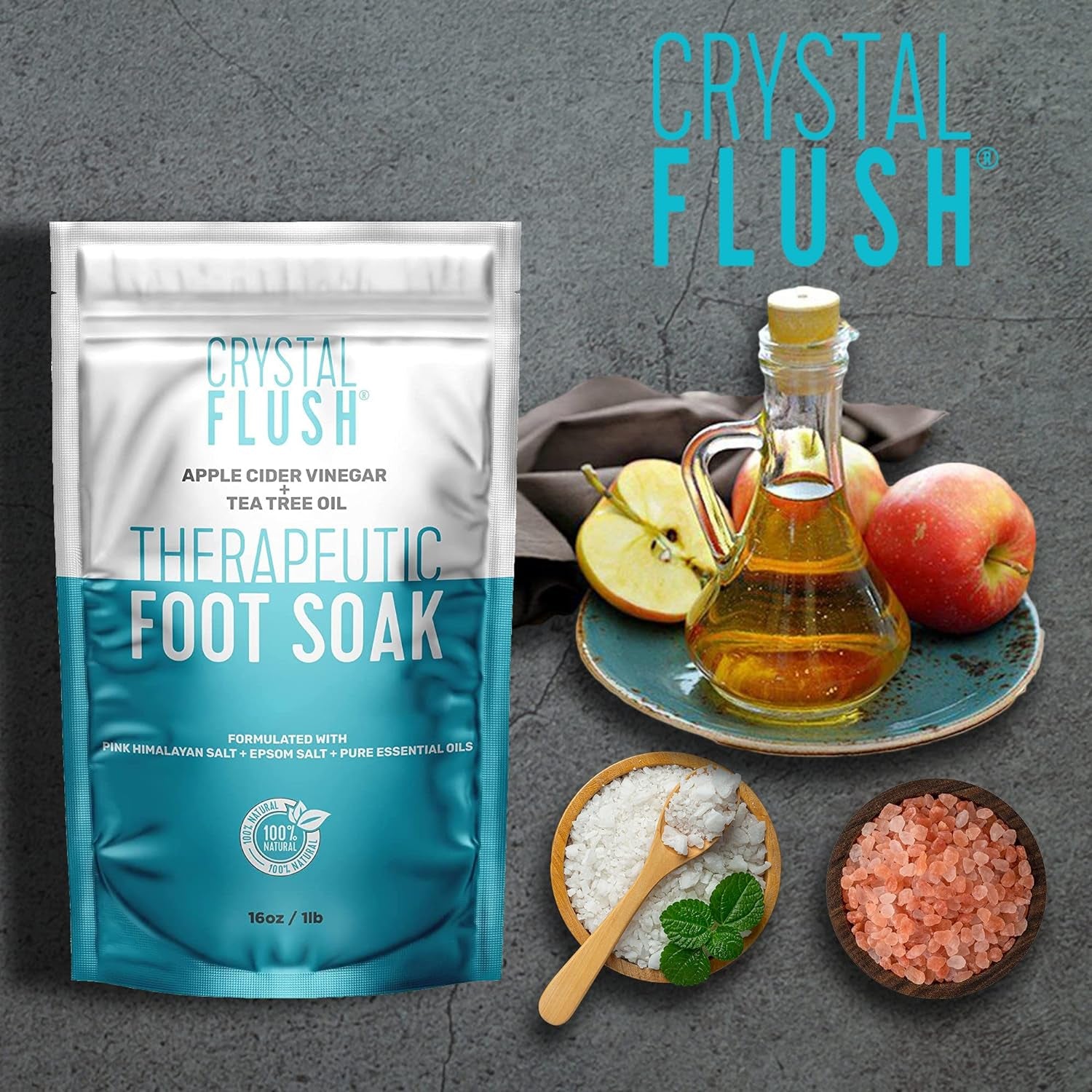 Foot Soak with Apple Cider Vinegar, Tea Tree Oil and Pink Himalayan Salt – Cleans and Deodorizes – Fight Fungus and Bacteria on Skin Surface - 16 Oz.