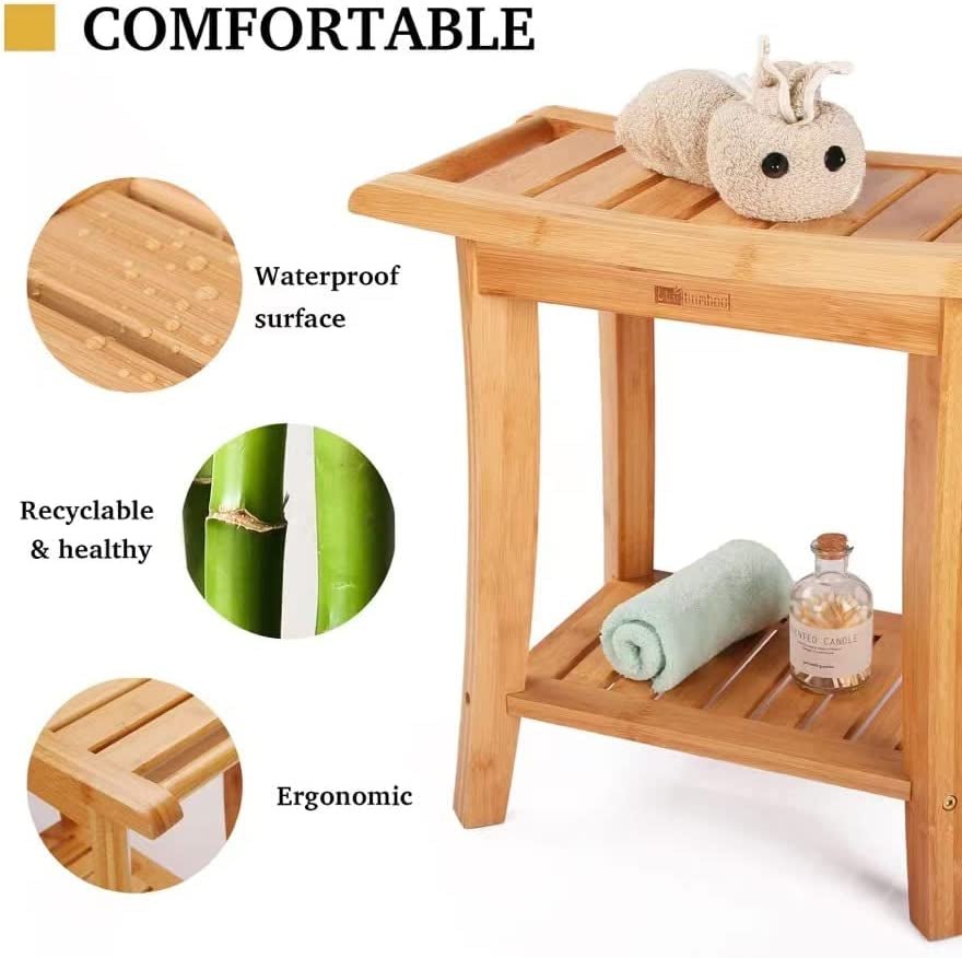 Bamboo Shower Bench with Storage Shelf, Wooden Spa Bath Deluxe Organizer Shower Stool for inside Shower Waterproof, Bathroom Bench Seat for Adults Elderly Seniors for Indoor or Outdoor Use