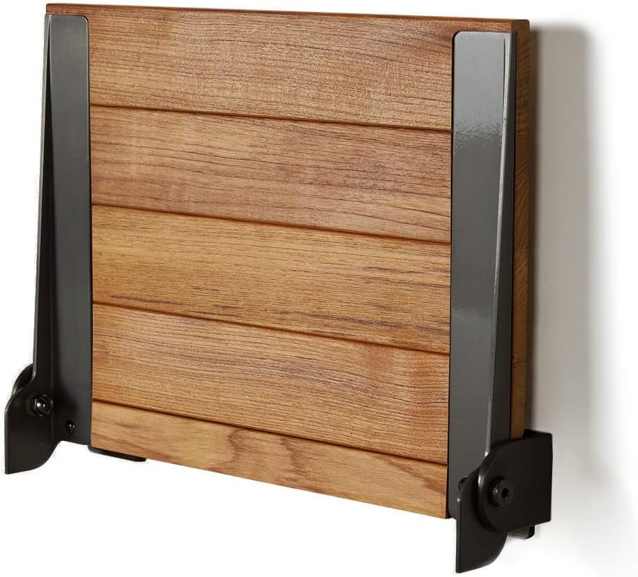 Slimline Natural Teak Wood Folding Shower Bench Seat, Matte Black Frame