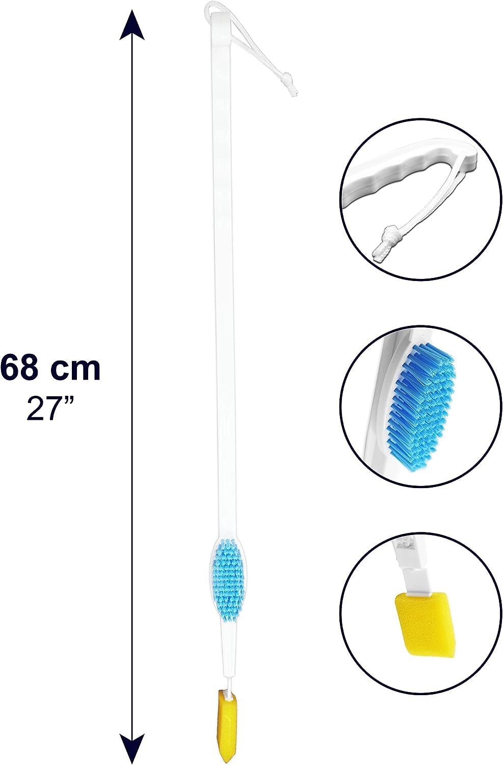 KMINA - Long Handled Foot Brush and Toe Cleaner for Disabled, Foot Brush for Shower between Toes, Long Handle Toe Brush for Seniors, Long Reach Foot Scrubber (Includes Spare Parts)