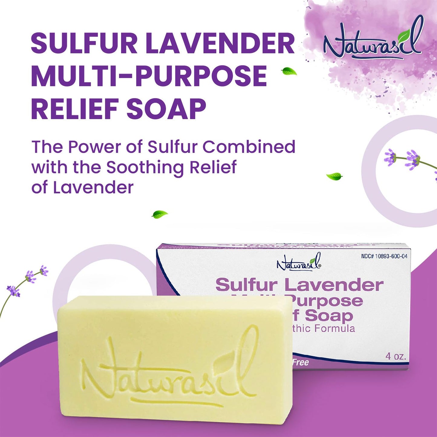 Naturasil Fast-Acting 10% Sulfur Lavender Formulated Soap Skin Relief from Acne, Bug Bites, Warts Treatment, Viral Bumps, Nodes & Itching | All Natural, Kid Friendly, Body & Face Wash | 113 Grams