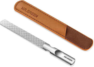 Stainless Steel Nail File with Anti-Slip Handle and Leather Case, Double Sided and Files Nails Easily for Men and Woman