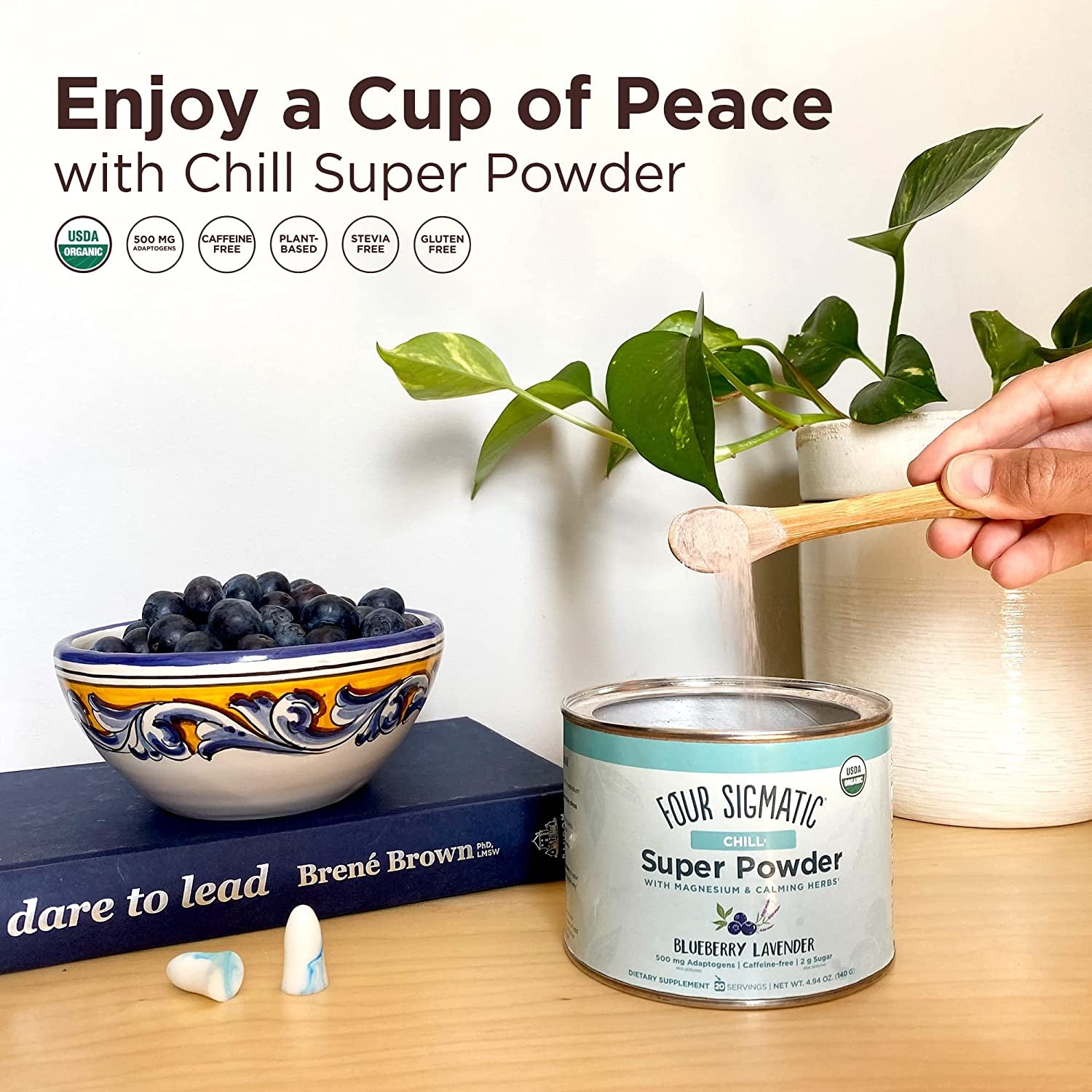 Four Sigmatic Chill Super Powder Organic Superfood Powder with Magnesium Citrate, Organic Chamomile Extract, and Organic Tremella Mushroom Extract | Blueberry Powder Drink Mix (4.94 Oz.)