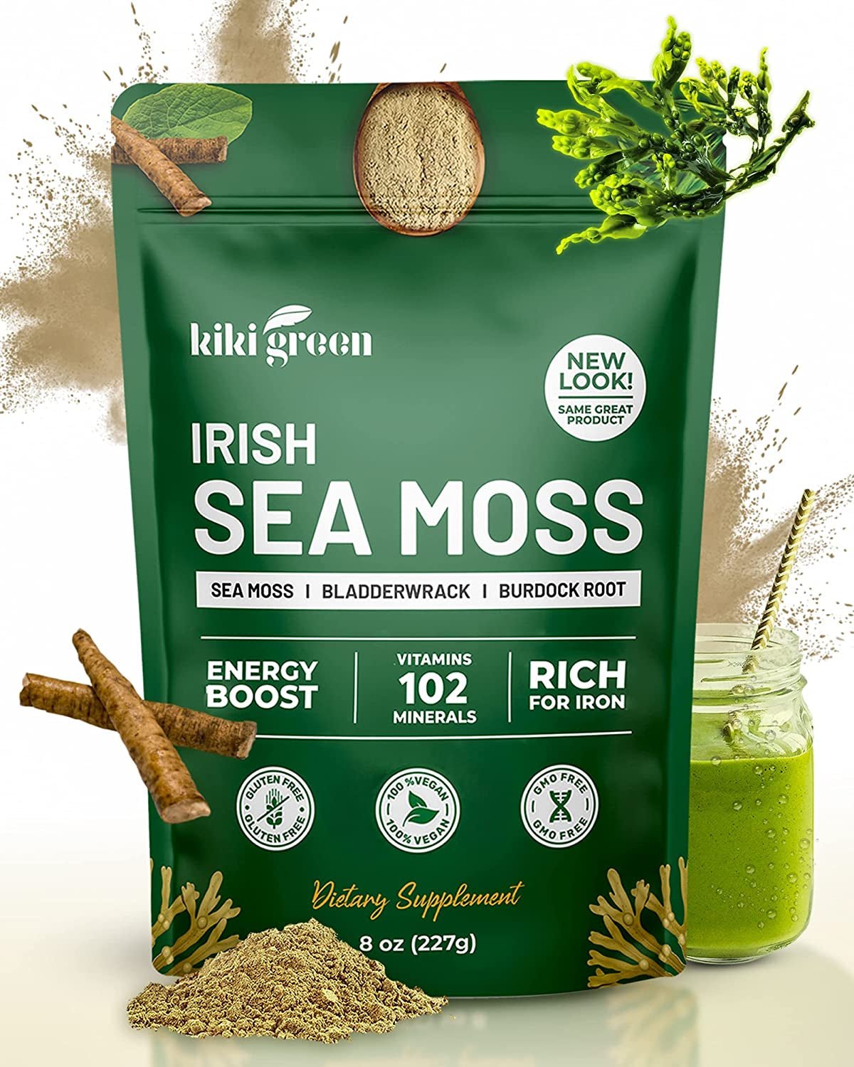 Irish Sea Moss Powder 8 Oz - Wildcrafted Sea Moss with Bladderwrack Burdock Root Powder Dr Sebi Sea Moss for Immune Support - Keto, Vegan Friendly Powder