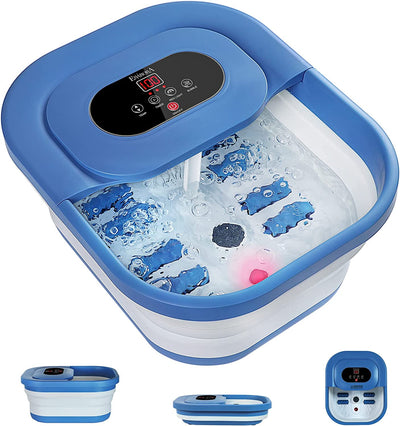 Collapsible Foot Bath Massager with Heat, Temperature Control, Timer, Red Light & Bubble, Foot Soak Bath Basin with Massage Rollers, Acupressure Massage Points, Pumice Stone - Blue