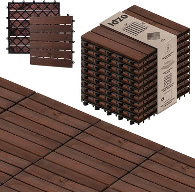 Pack of 10 Deck Tiles - Waterproof Acacia Wood for Outdoor Flooring, Interlocking Deck Tiles for Both Indoor and Outdoor - 6 Slats, Dark Brown, 12 X 12 X 0.9 Inches (LHZ7)