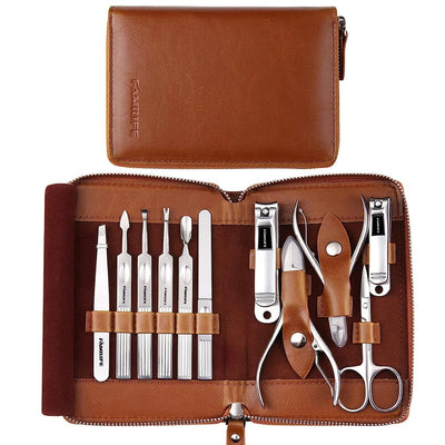 Manicure Set, Professional Manicure Kit Nail Clippers Set 11 in 1 Stainless Steel Pedicure Tools Kit Nail Kit Men Grooming Kit with Portable Brown Leather Travel Case Luxury Gifts for Him - Shiny Nails