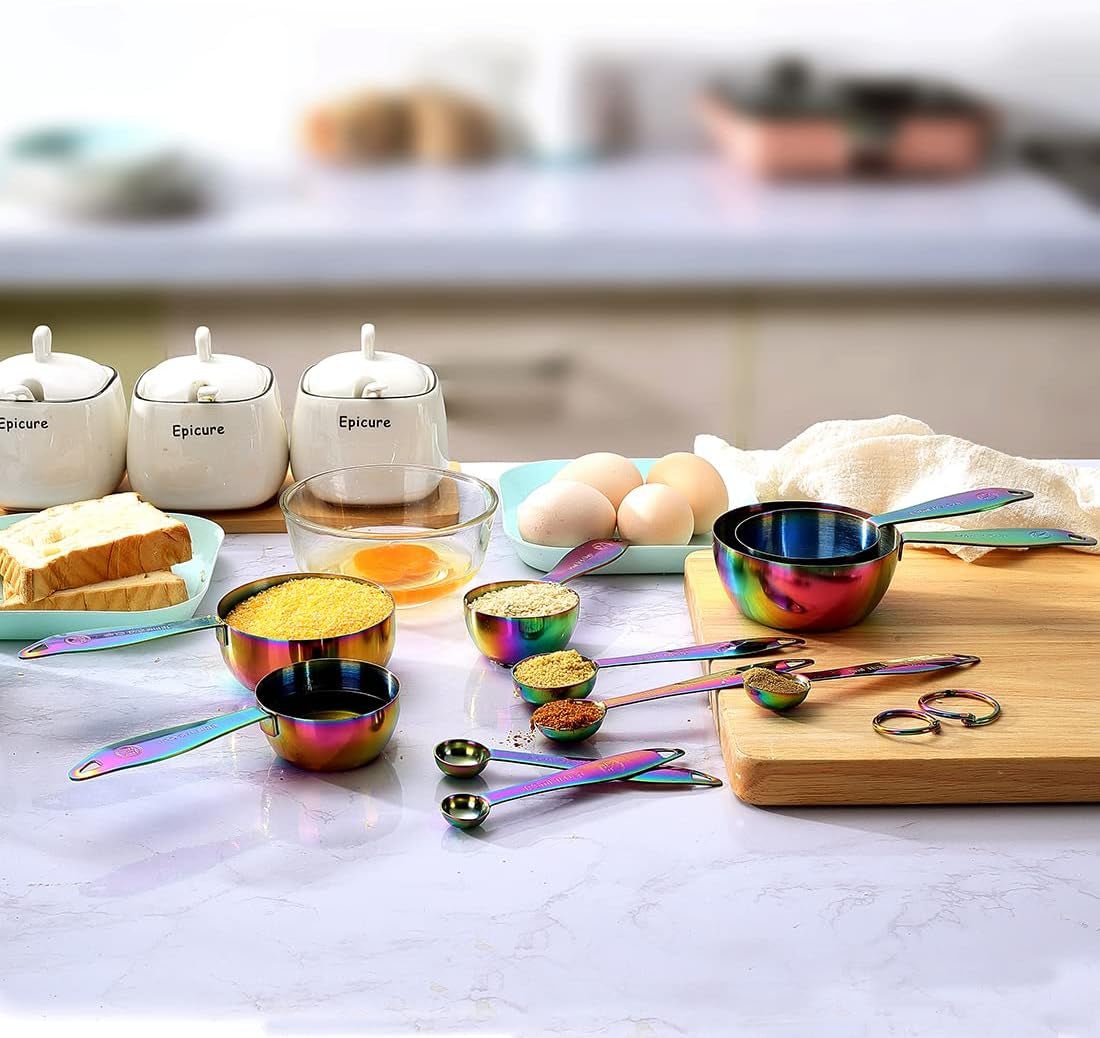 Rainbow Measuring Cups and Spoons Set, Stainless Steel 10 Piece Set, Stackable 5 Measuring Cups and 5 Measuring Spoons with 2 Rings, Titanium Colorful Plated, Iridescent and Multi-Colored - Shiny Nails
