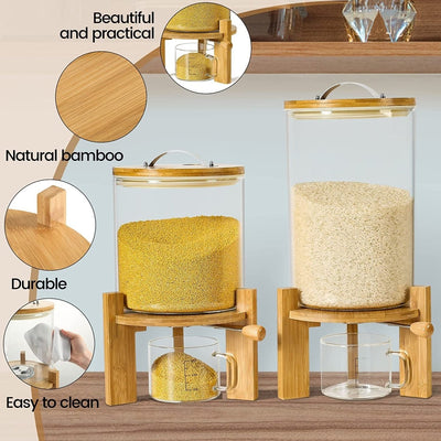 Rice Dispenser, Rice Storage Container：Flour and Cereal Container with Airtight Lid and Wooden Stand, Glass Food Storge Container for Kitchen Organization and Pantry Store (5L) - Shiny Nails