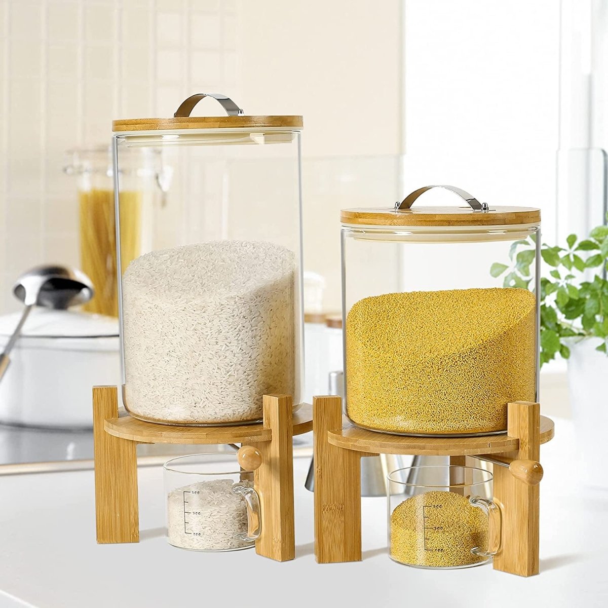 Rice Dispenser, Rice Storage Container：Flour and Cereal Container with Airtight Lid and Wooden Stand, Glass Food Storge Container for Kitchen Organization and Pantry Store (5L) - Shiny Nails