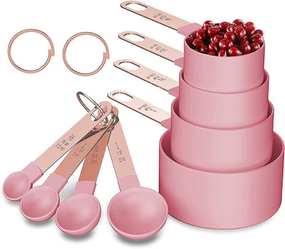 Rose Gold Stainless Steel Handle Measuring Cups and Spoons Set, 8 Piece Stackable Accurate Tablespoon for Measuring Dry and Liquid Ingredients Small Teaspoon with Plastic Head (Pink) - Shiny Nails